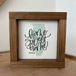 Wooden frame with 'Home Sweet Home, Danville' text on a white background