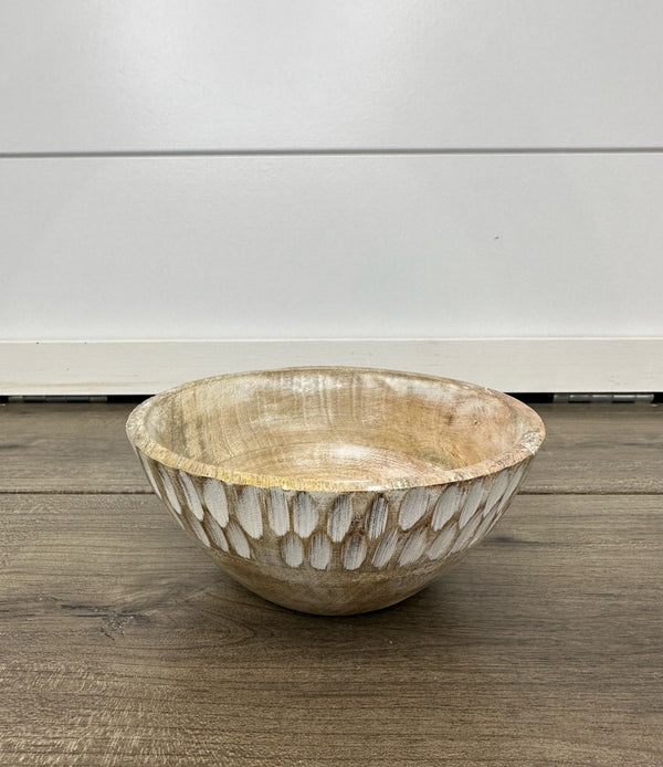 White Wash Carved Wood Bowl /xs