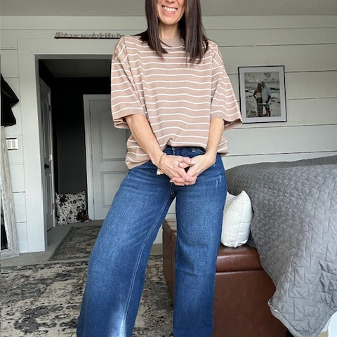 Striped Knit SS Top - Taupe/White