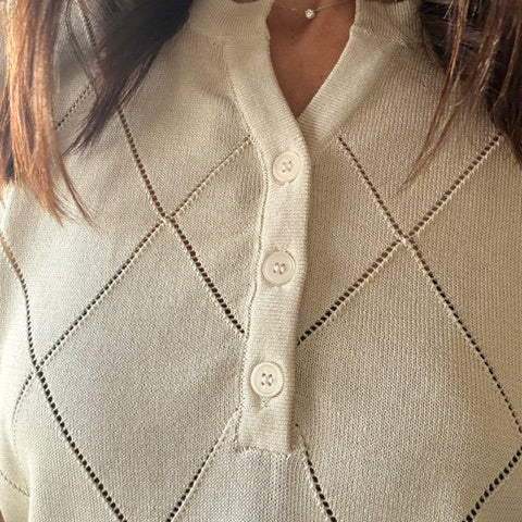 Argyle Knit Henley Sweater Top
