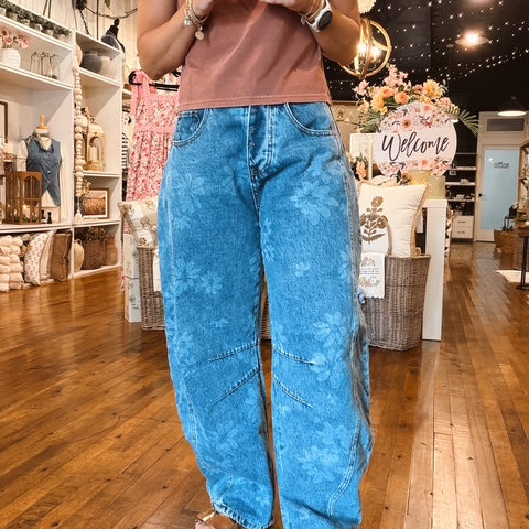 Floral Print Denim Barrel Jeans