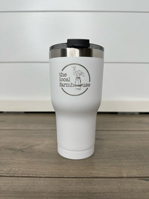 A white 20oz tumbler with 'The Local Farmhouse' logo printed on the side.
